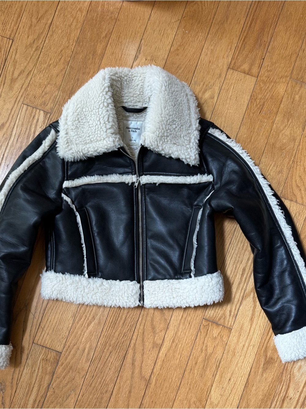Abercrombie & Fitch Womens Vegan Leather Sherpa Aviator Jacket Sz S Black Moto